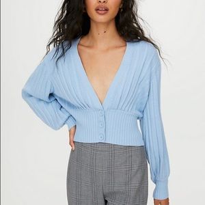 ARITZIA WILFRED PLUNGE CARDIGAN IN AURA BLUE